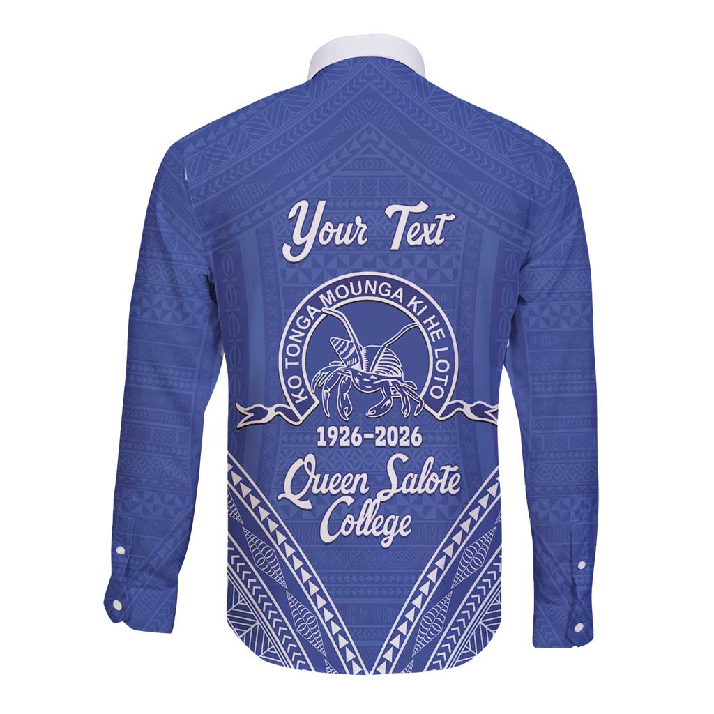 Queen Salote College 100 Years Personalized Long Sleeve Button Shirt Tonga QSC Heilala Lei Blue Ngatu Pattern