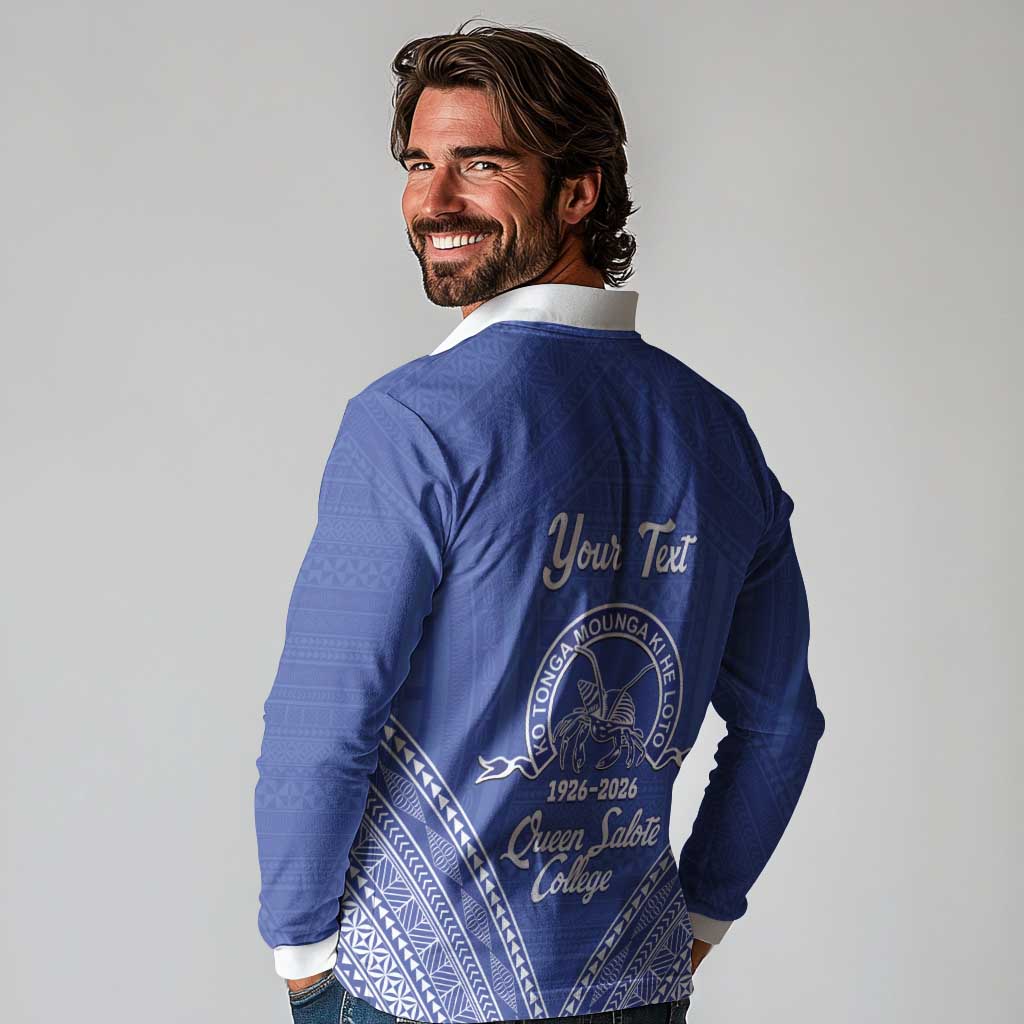 Queen Salote College 100 Years Personalized Long Sleeve Polo Shirt Tonga QSC Heilala Lei Blue Ngatu Pattern