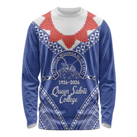 Queen Salote College 100 Years Personalized Long Sleeve Shirt Tonga QSC Heilala Lei Blue Ngatu Pattern