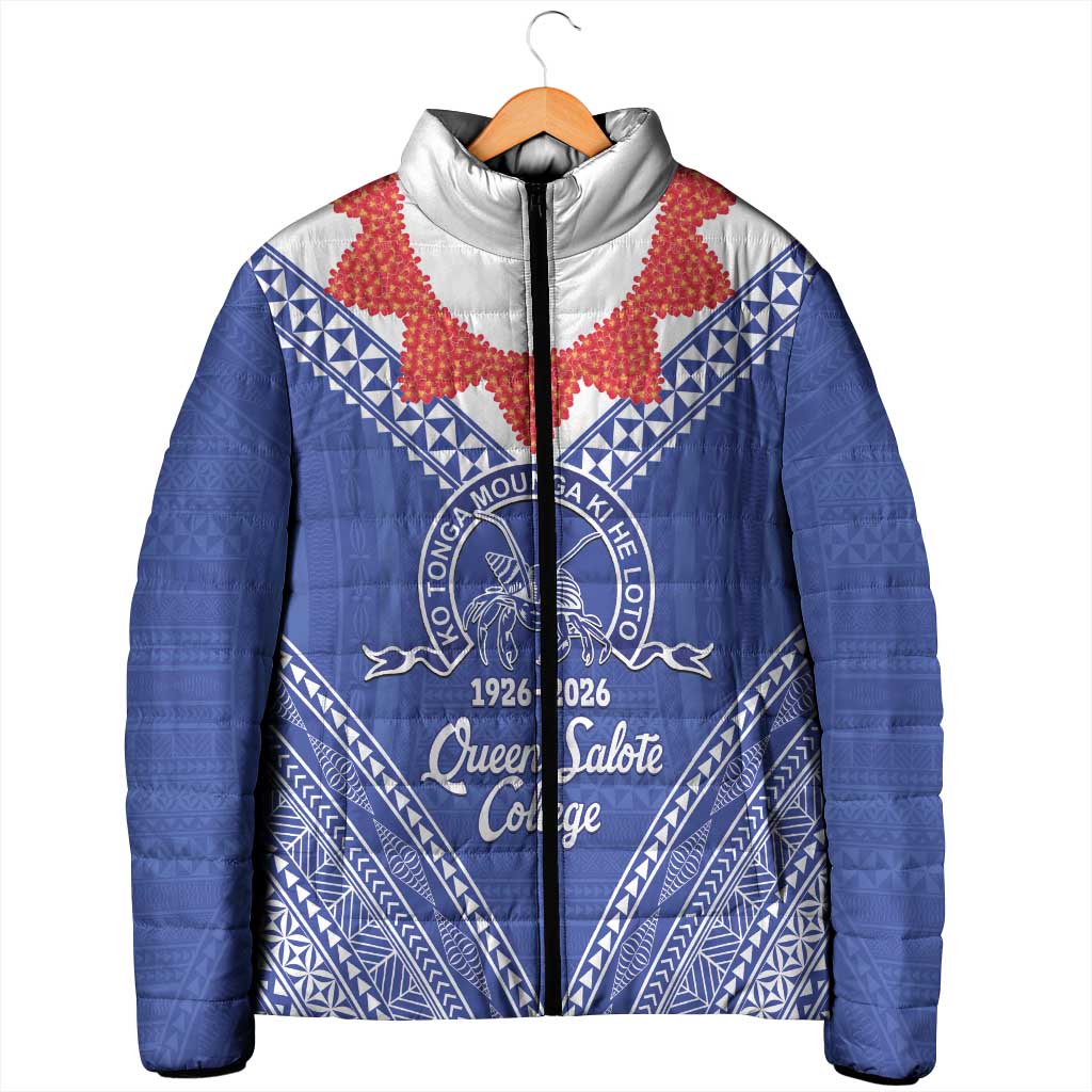 Queen Salote College 100 Years Personalized Padded Jacket Tonga QSC Heilala Lei Blue Ngatu Pattern