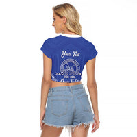 Queen Salote College 100 Years Personalized Raglan Cropped T Shirt Tonga QSC Heilala Lei Blue Ngatu Pattern