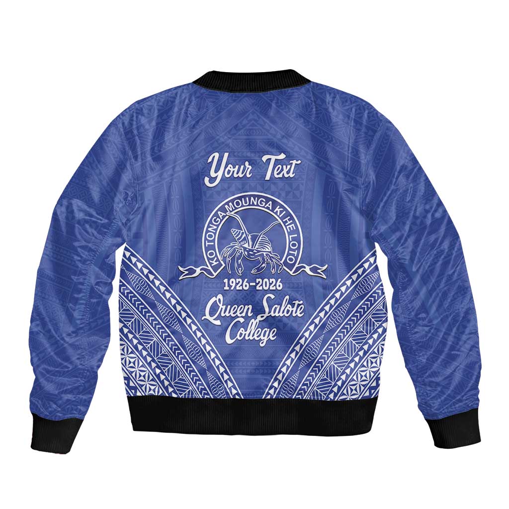 Queen Salote College 100 Years Personalized Sleeve Zip Bomber Jacket Tonga QSC Heilala Lei Blue Ngatu Pattern