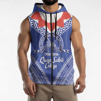 Queen Salote College 100 Years Personalized Sleeveless Zip Hoodie Tonga QSC Heilala Lei Blue Ngatu Pattern