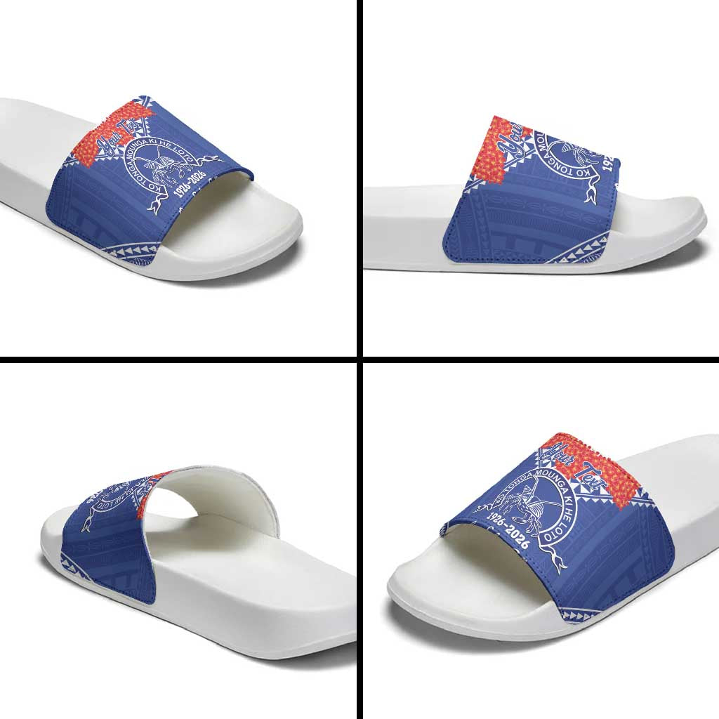 Queen Salote College 100 Years Personalized Slide Sandals Tonga QSC Heilala Lei Blue Ngatu Pattern