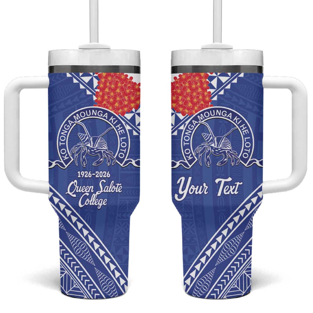 Queen Salote College 100 Years Personalized Tumbler With Handle Tonga QSC Heilala Lei Blue Ngatu Pattern