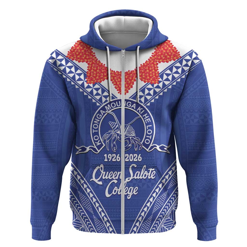 Queen Salote College 100 Years Personalized Zip Hoodie Tonga QSC Heilala Lei Blue Ngatu Pattern