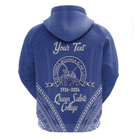 Queen Salote College 100 Years Personalized Zip Hoodie Tonga QSC Heilala Lei Blue Ngatu Pattern