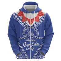 Queen Salote College 100 Years Personalized Zip Hoodie Tonga QSC Heilala Lei Blue Ngatu Pattern