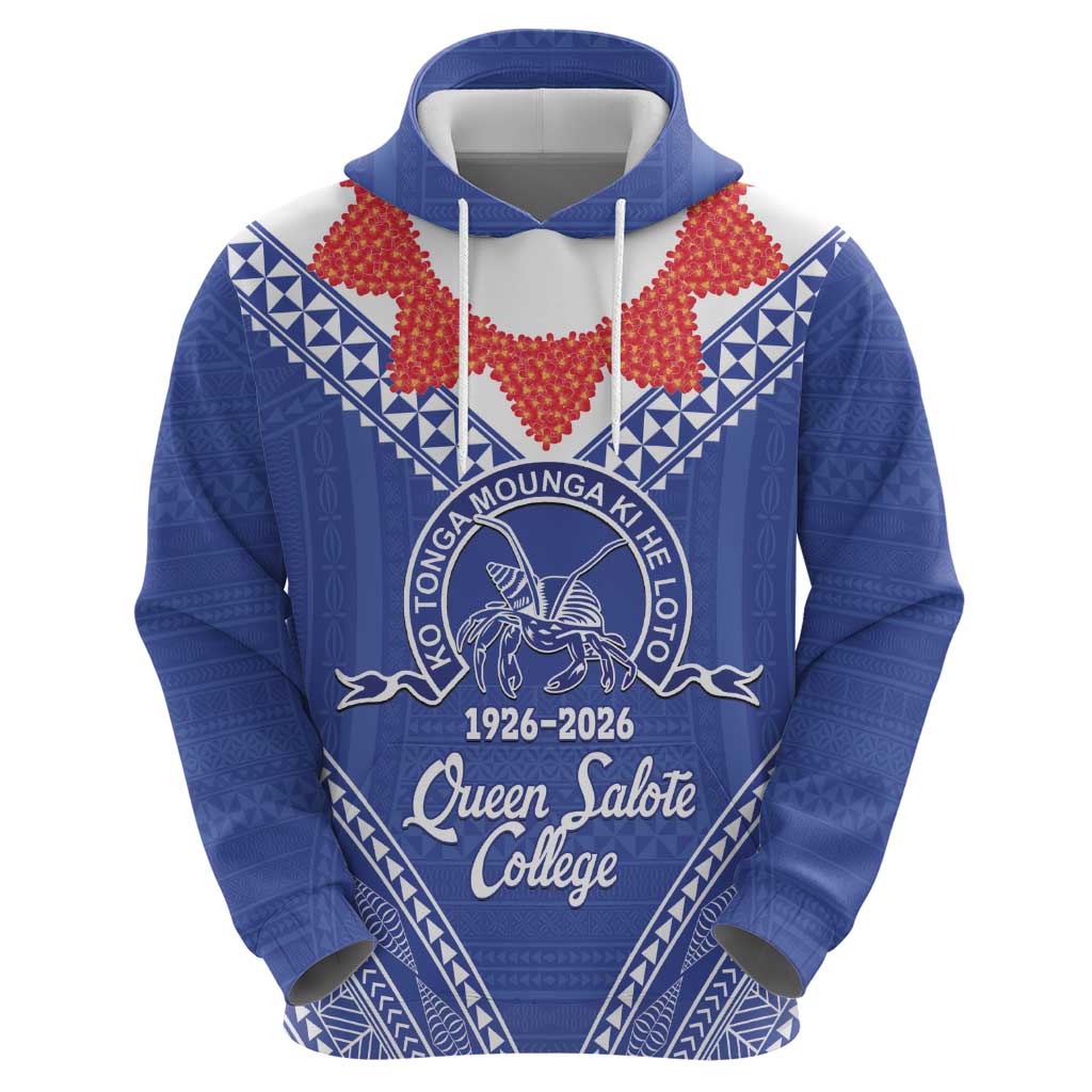 Queen Salote College 100 Years Personalized Zip Hoodie Tonga QSC Heilala Lei Blue Ngatu Pattern