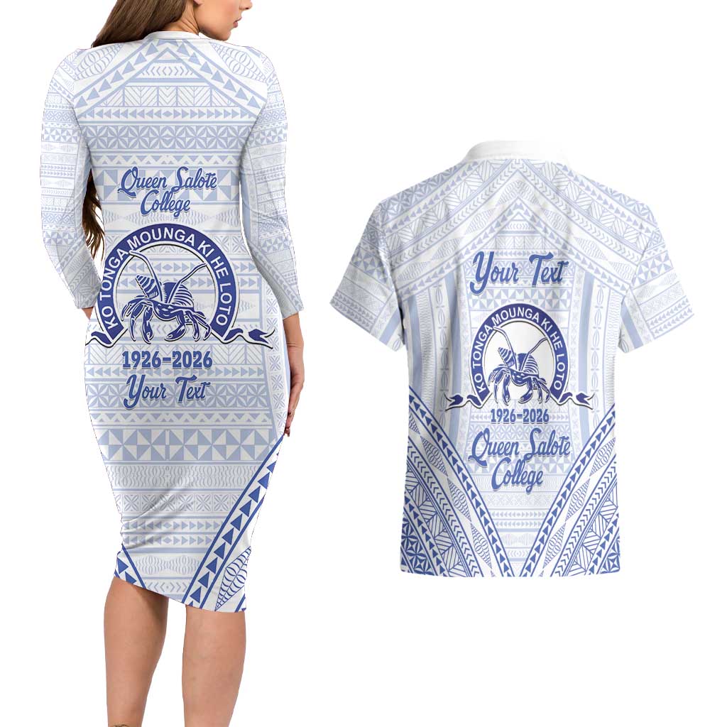Queen Salote College 100 Years Personalized Couples Matching Long Sleeve Bodycon Dress and Hawaiian Shirt Tonga QSC Heilala Lei White Ngatu Pattern LT14 - Polynesian Pride