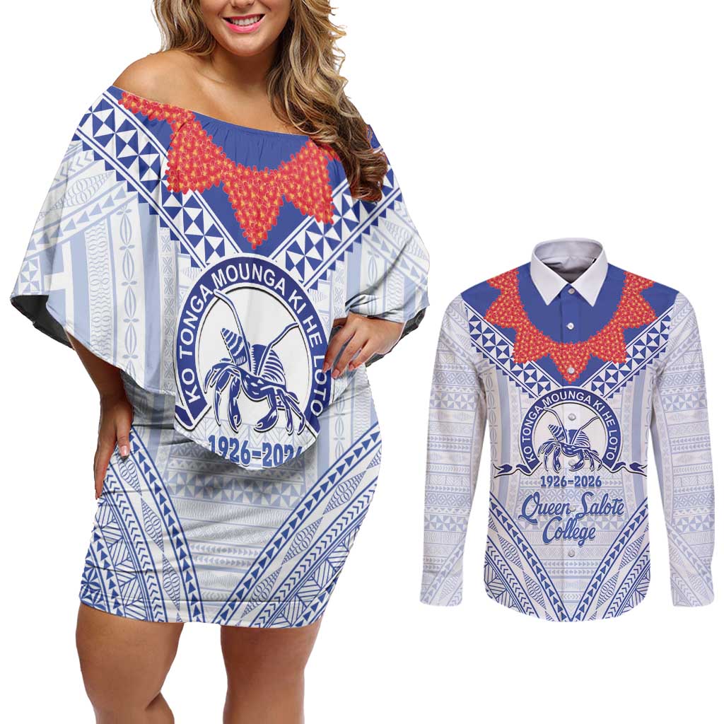 Queen Salote College 100 Years Personalized Couples Matching Off Shoulder Short Dress and Long Sleeve Button Shirt Tonga QSC Heilala Lei White Ngatu Pattern