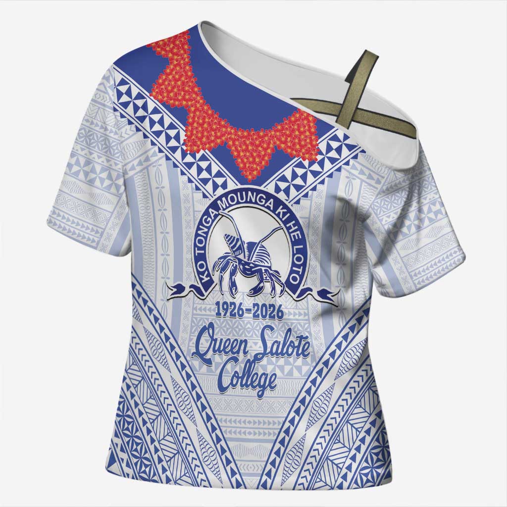 Queen Salote College 100 Years Personalized Cross Shoulder Shirt Tonga QSC Heilala Lei White Ngatu Pattern