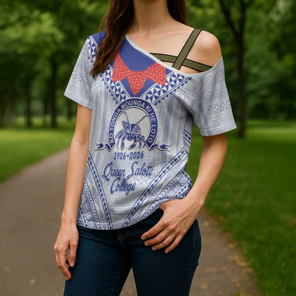 Queen Salote College 100 Years Personalized Cross Shoulder Shirt Tonga QSC Heilala Lei White Ngatu Pattern