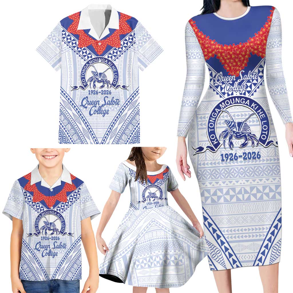 Queen Salote College 100 Years Personalized Family Matching Long Sleeve Bodycon Dress and Hawaiian Shirt Tonga QSC Heilala Lei White Ngatu Pattern