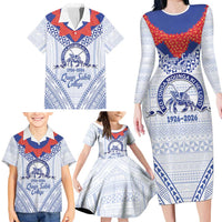 Queen Salote College 100 Years Personalized Family Matching Long Sleeve Bodycon Dress and Hawaiian Shirt Tonga QSC Heilala Lei White Ngatu Pattern LT14 - Polynesian Pride
