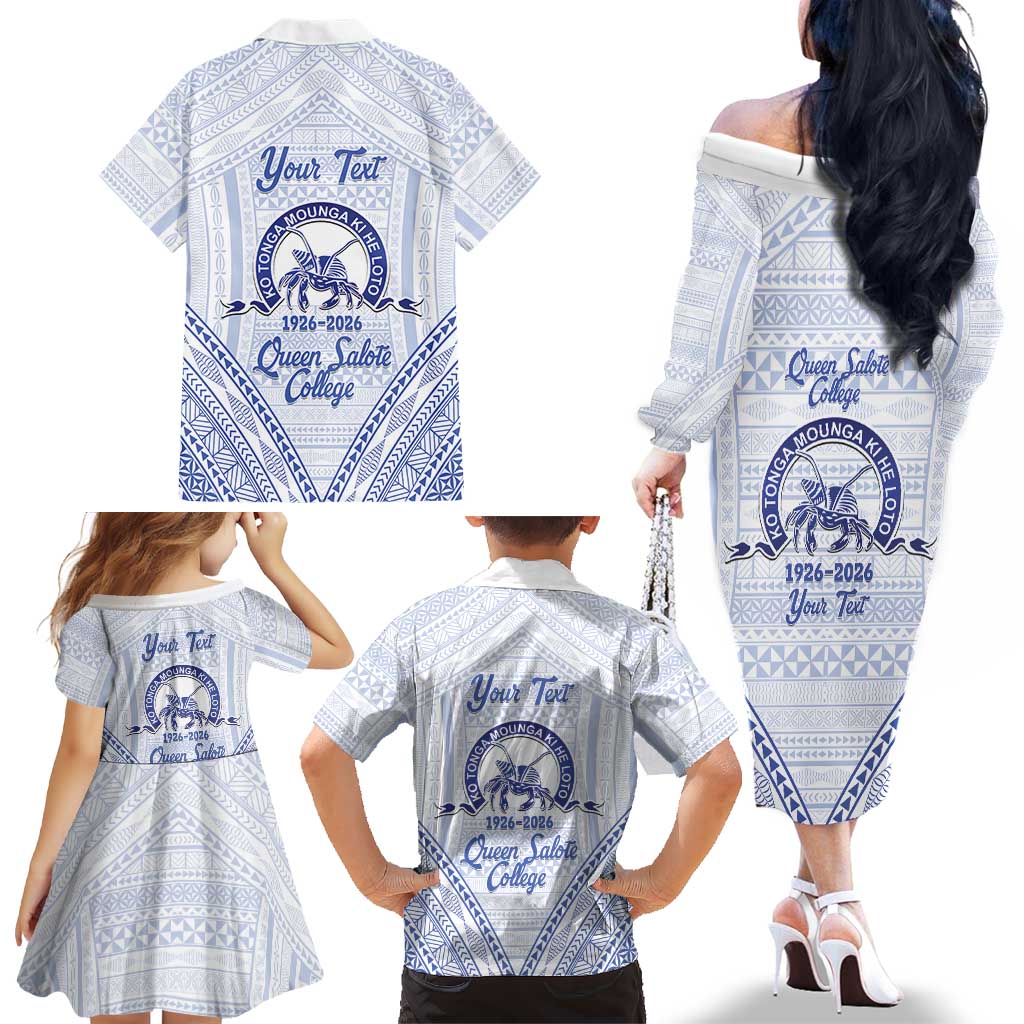 Queen Salote College 100 Years Personalized Family Matching Off The Shoulder Long Sleeve Dress and Hawaiian Shirt Tonga QSC Heilala Lei White Ngatu Pattern LT14 - Polynesian Pride
