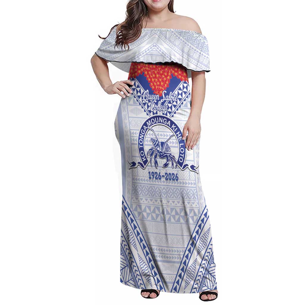 Queen Salote College 100 Years Personalized Family Matching Off Shoulder Maxi Dress and Hawaiian Shirt Tonga QSC Heilala Lei White Ngatu Pattern
