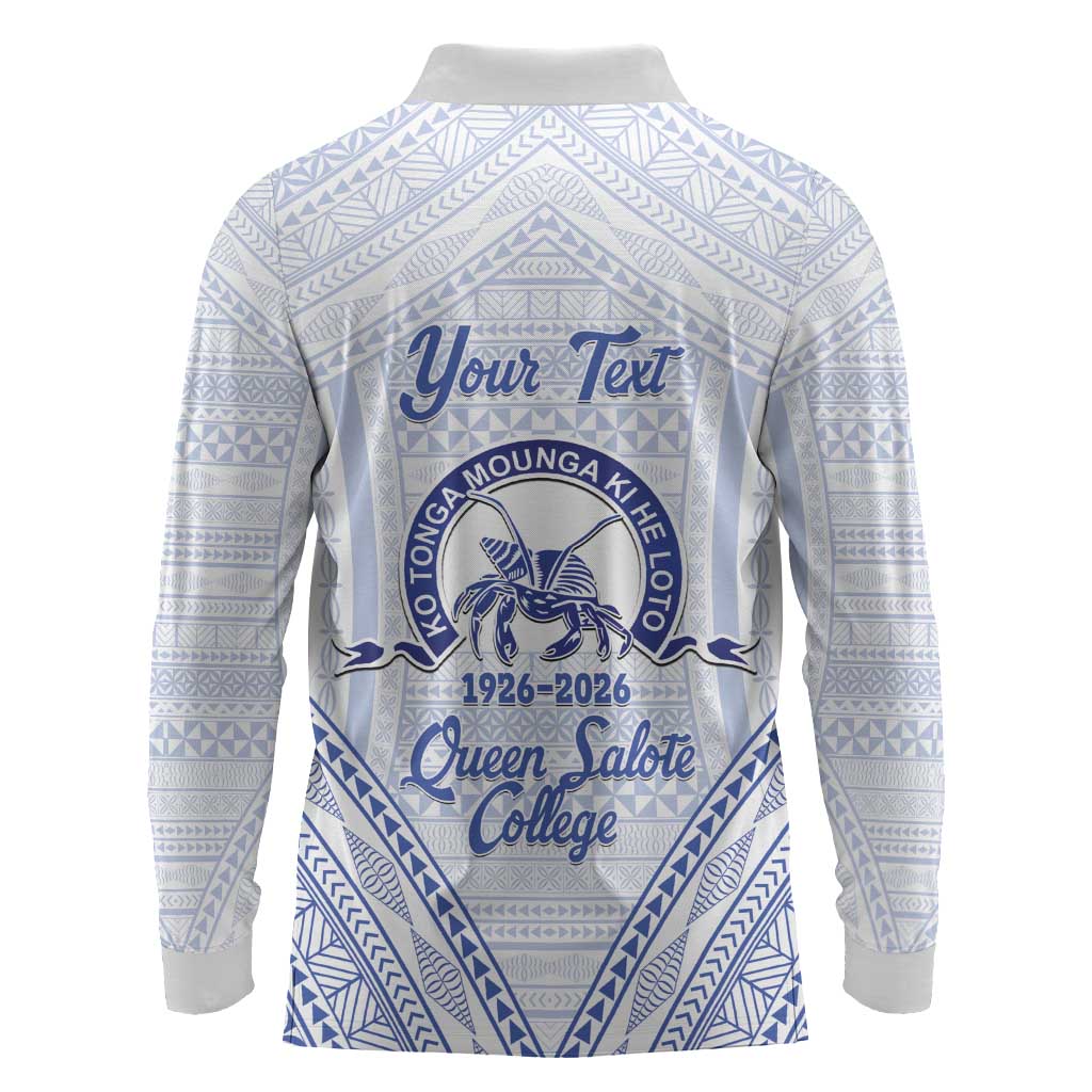 Queen Salote College 100 Years Personalized Long Sleeve Polo Shirt Tonga QSC Heilala Lei White Ngatu Pattern