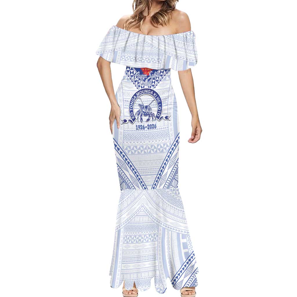 Queen Salote College 100 Years Personalized Mermaid Dress Tonga QSC Heilala Lei White Ngatu Pattern