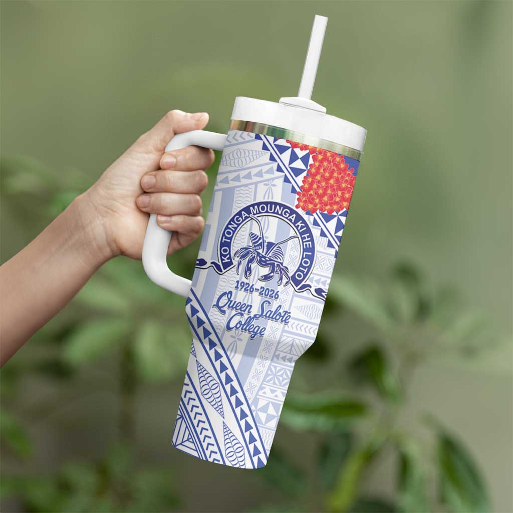Queen Salote College 100 Years Personalized Tumbler With Handle Tonga QSC Heilala Lei White Ngatu Pattern