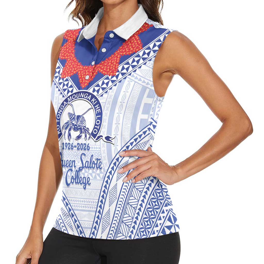 Queen Salote College 100 Years Personalized Women Sleeveless Polo Shirt Tonga QSC Heilala Lei White Ngatu Pattern