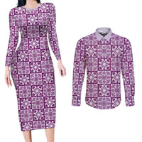 Poni Palaka Quilt Hawaii Couples Matching Long Sleeve Bodycon Dress and Long Sleeve Button Shirt Hawaiian Tropical Monstera Sea Turtle LT14 Purple - Polynesian Pride