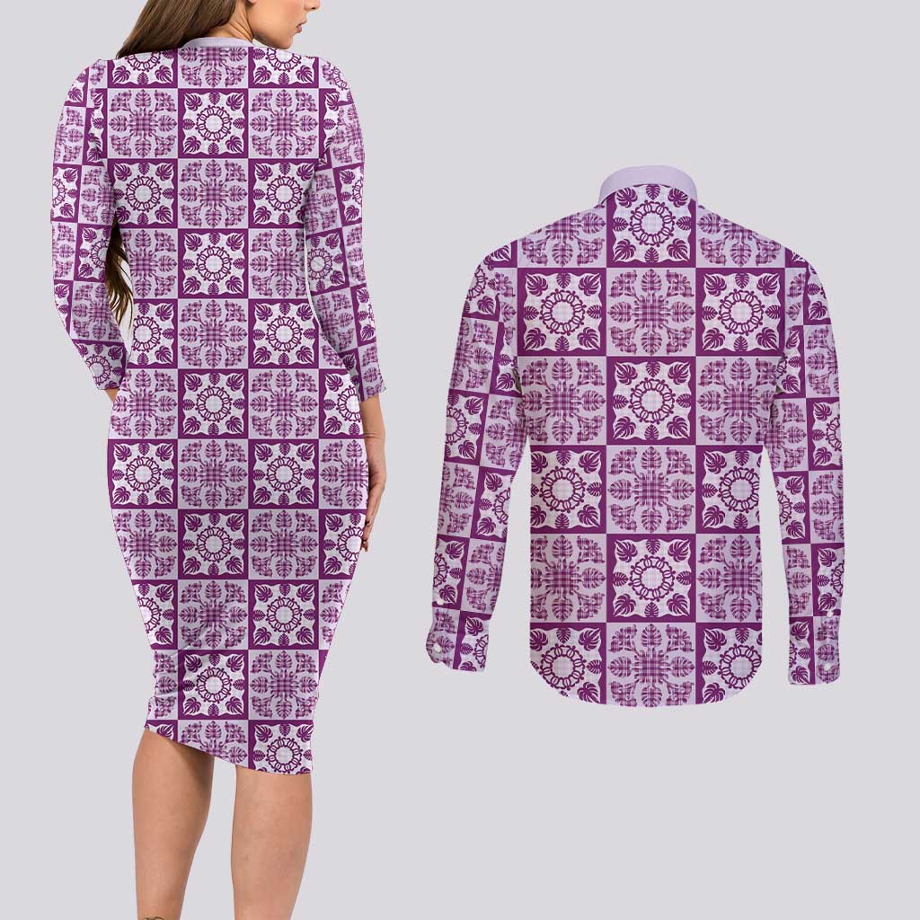 Poni Palaka Quilt Hawaii Couples Matching Long Sleeve Bodycon Dress and Long Sleeve Button Shirt Hawaiian Tropical Monstera Sea Turtle LT14 - Polynesian Pride