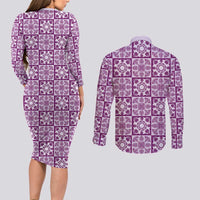 Poni Palaka Quilt Hawaii Couples Matching Long Sleeve Bodycon Dress and Long Sleeve Button Shirt Hawaiian Tropical Monstera Sea Turtle LT14 - Polynesian Pride