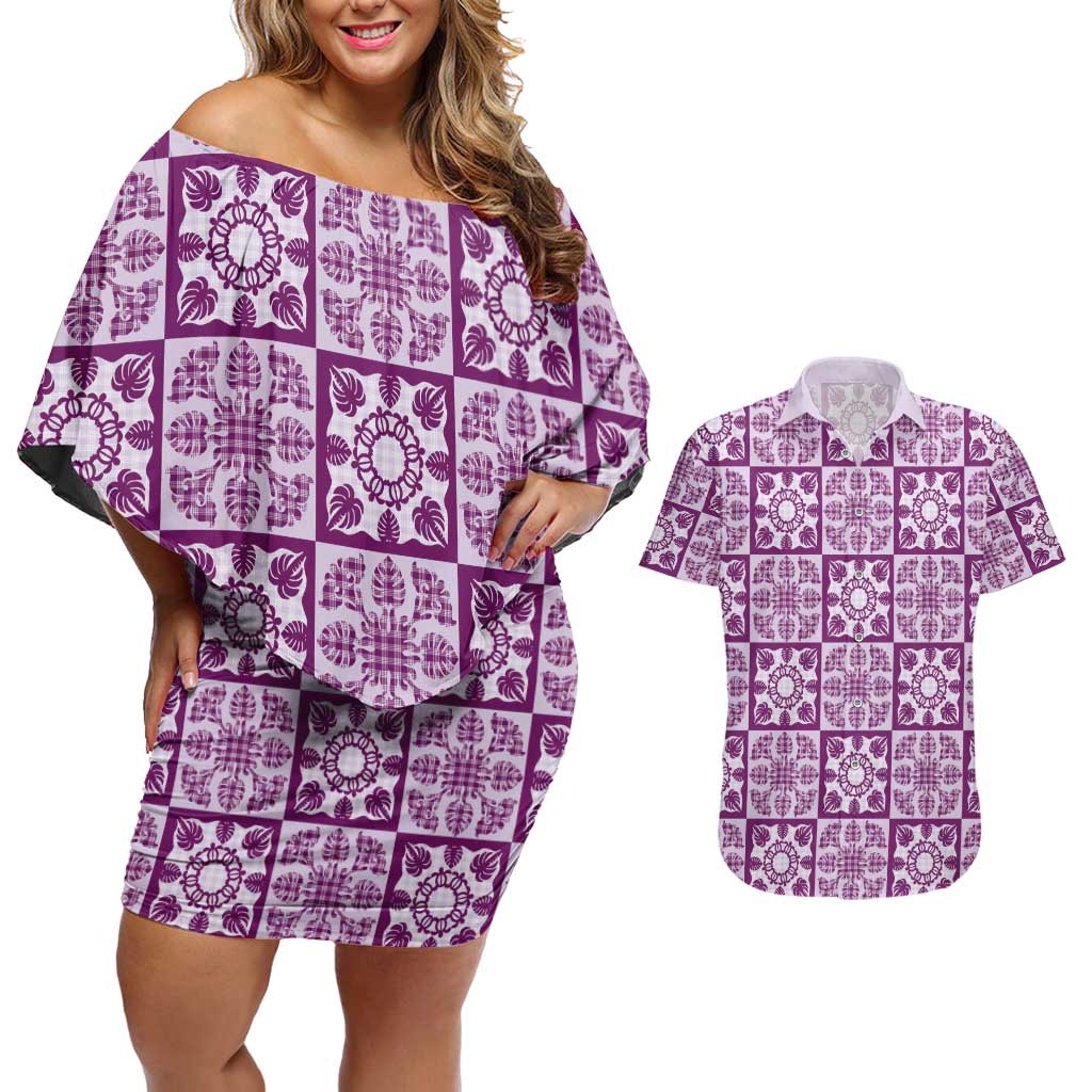 Poni Palaka Quilt Hawaii Couples Matching Off Shoulder Short Dress and Hawaiian Shirt Hawaiian Tropical Monstera Sea Turtle LT14 Purple - Polynesian Pride