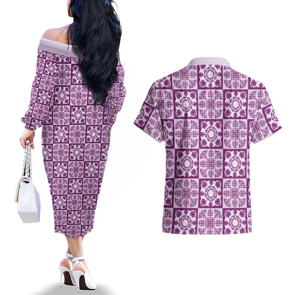 Poni Palaka Quilt Hawaii Couples Matching Off The Shoulder Long Sleeve Dress and Hawaiian Shirt Hawaiian Tropical Monstera Sea Turtle LT14 - Polynesian Pride