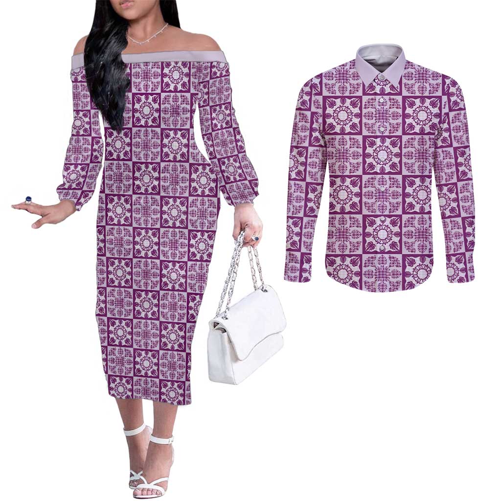 Poni Palaka Quilt Hawaii Couples Matching Off The Shoulder Long Sleeve Dress and Long Sleeve Button Shirt Hawaiian Tropical Monstera Sea Turtle