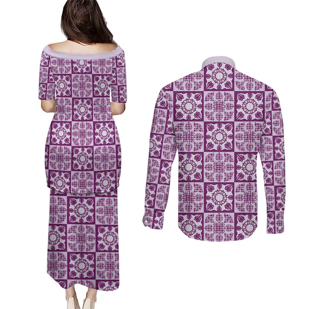 Poni Palaka Quilt Hawaii Couples Matching Puletasi and Long Sleeve Button Shirt Hawaiian Tropical Monstera Sea Turtle