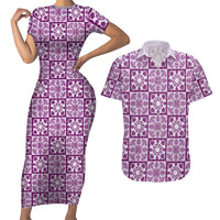 Poni Palaka Quilt Hawaii Couples Matching Short Sleeve Bodycon Dress and Hawaiian Shirt Hawaiian Tropical Monstera Sea Turtle LT14 Purple - Polynesian Pride