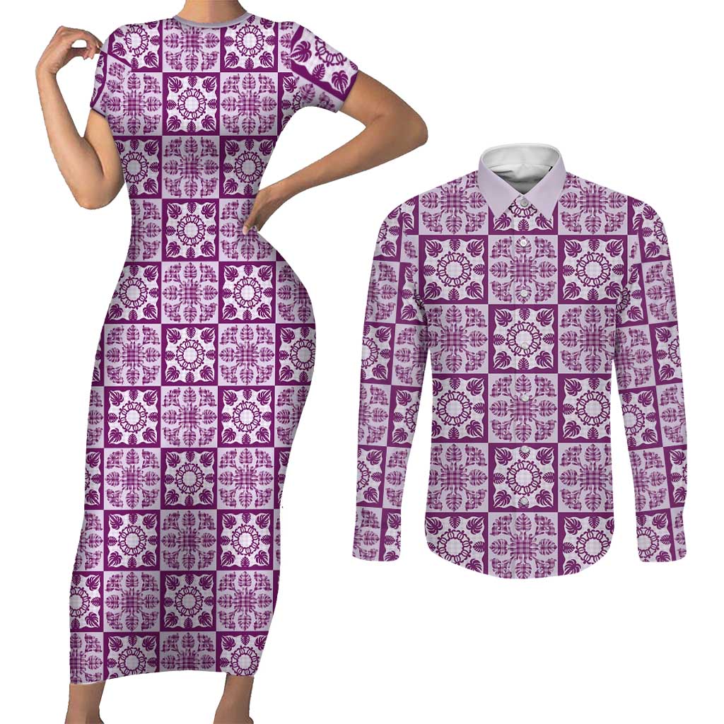 Poni Palaka Quilt Hawaii Couples Matching Short Sleeve Bodycon Dress and Long Sleeve Button Shirt Hawaiian Tropical Monstera Sea Turtle