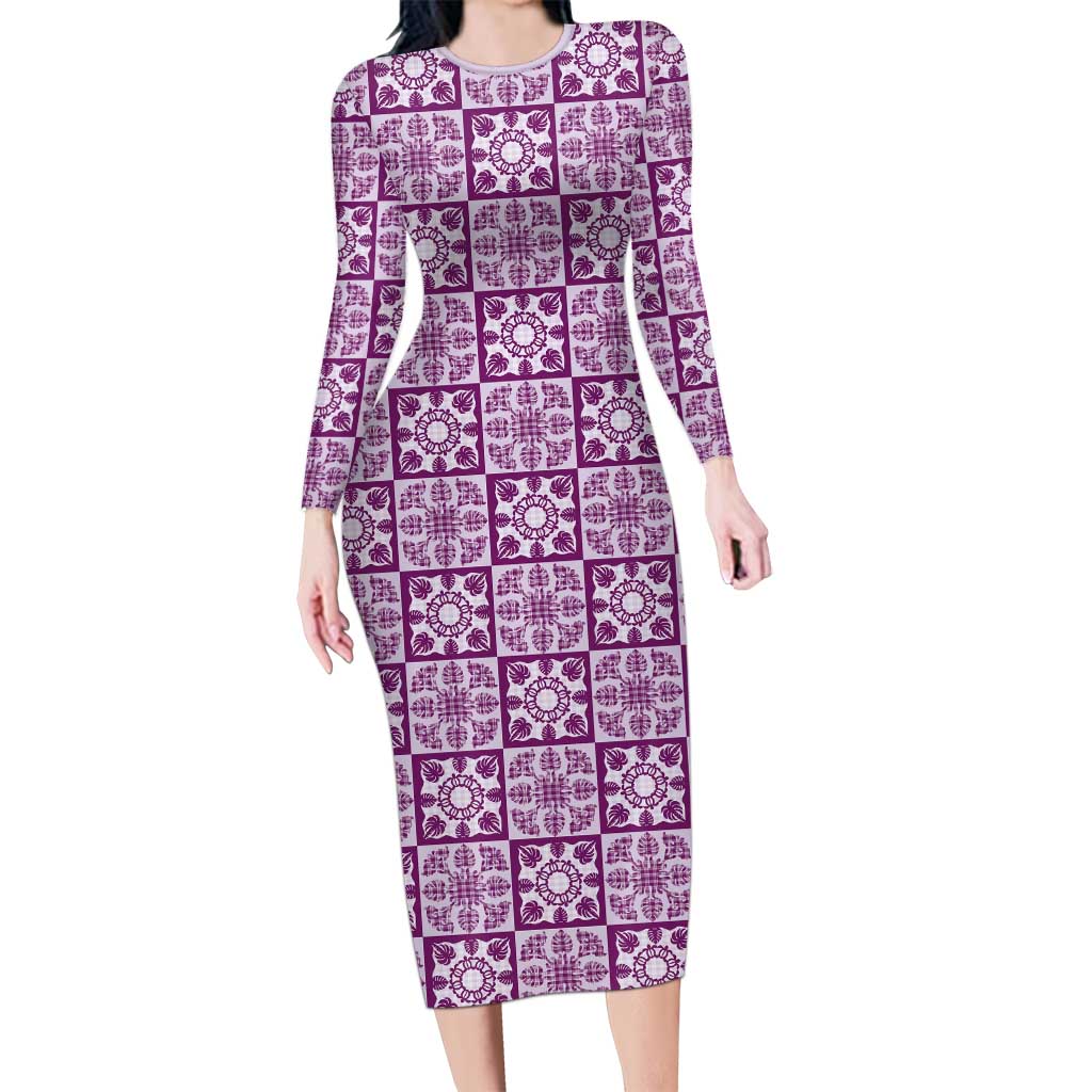 Poni Palaka Quilt Hawaii Family Matching Long Sleeve Bodycon Dress and Hawaiian Shirt Hawaiian Tropical Monstera Sea Turtle LT14 Mom's Dress Purple - Polynesian Pride
