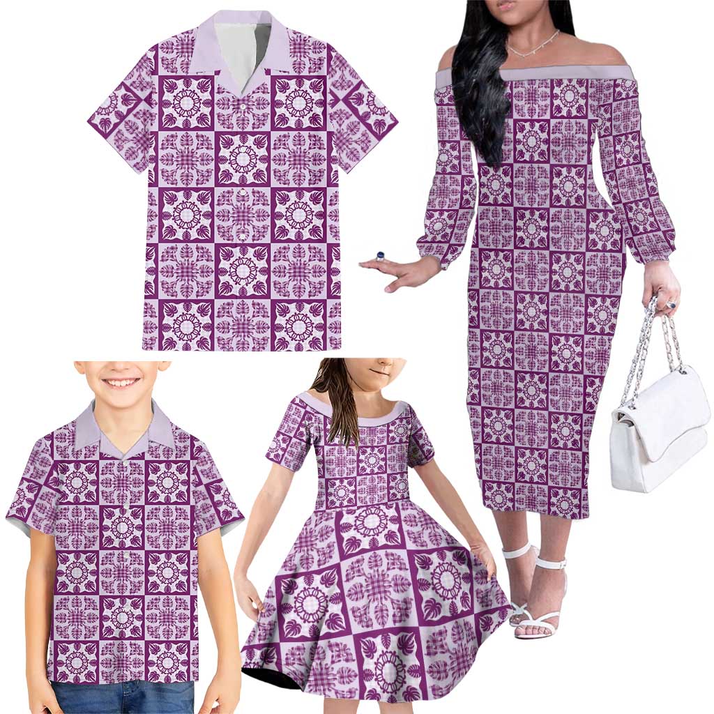 Poni Palaka Quilt Hawaii Family Matching Off The Shoulder Long Sleeve Dress and Hawaiian Shirt Hawaiian Tropical Monstera Sea Turtle LT14 - Polynesian Pride