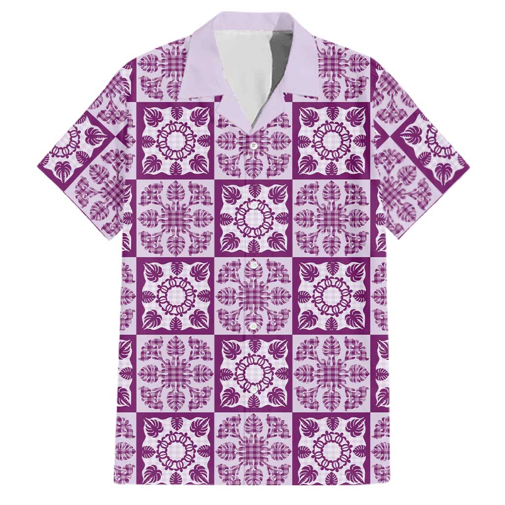 Poni Palaka Quilt Hawaii Family Matching Off The Shoulder Long Sleeve Dress and Hawaiian Shirt Hawaiian Tropical Monstera Sea Turtle LT14 Dad's Shirt - Short Sleeve Purple - Polynesian Pride