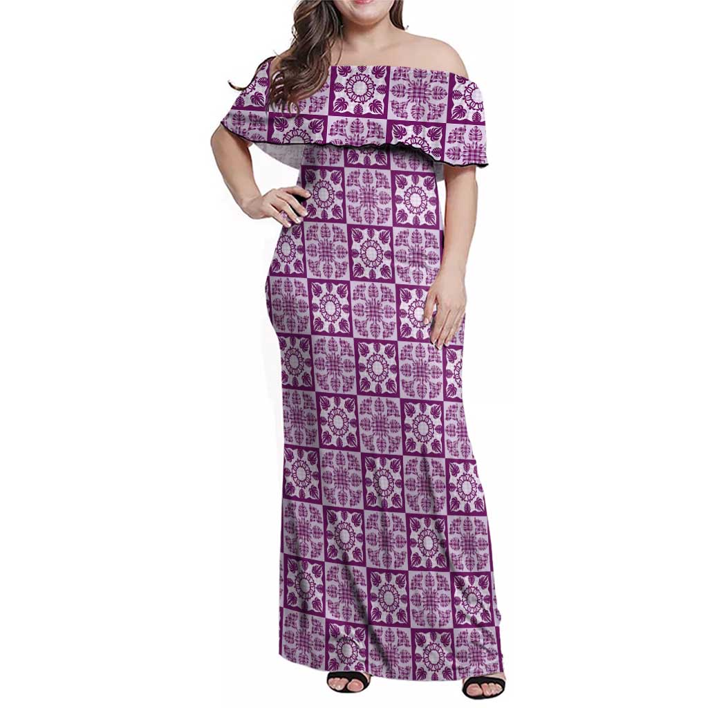 Poni Palaka Quilt Hawaii Family Matching Off Shoulder Maxi Dress and Hawaiian Shirt Hawaiian Tropical Monstera Sea Turtle LT14 Mom's Dress Purple - Polynesian Pride