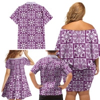 Poni Palaka Quilt Hawaii Family Matching Off Shoulder Short Dress and Hawaiian Shirt Hawaiian Tropical Monstera Sea Turtle LT14 - Polynesian Pride