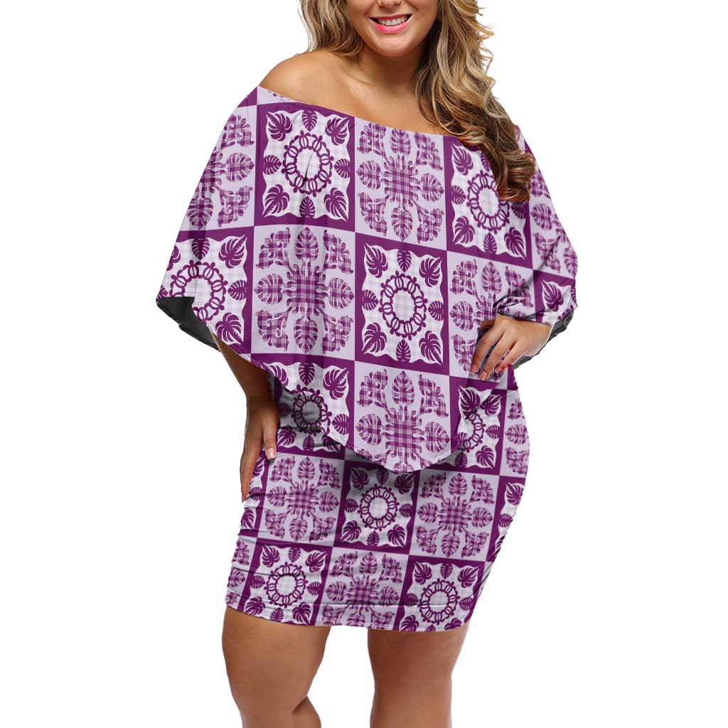 Poni Palaka Quilt Hawaii Family Matching Off Shoulder Short Dress and Hawaiian Shirt Hawaiian Tropical Monstera Sea Turtle LT14 Mom's Dress Purple - Polynesian Pride