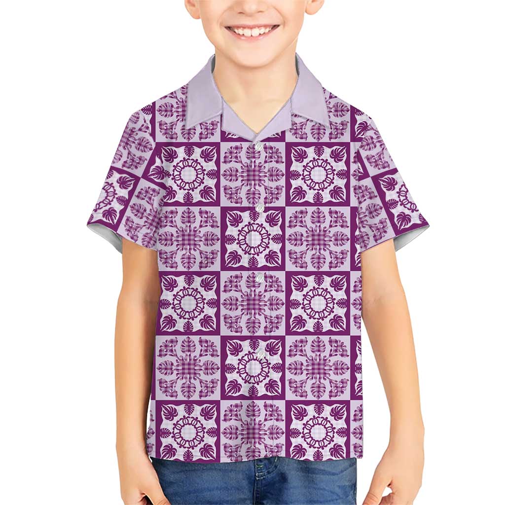 Poni Palaka Quilt Hawaii Family Matching Off Shoulder Short Dress and Hawaiian Shirt Hawaiian Tropical Monstera Sea Turtle LT14 Son's Shirt Purple - Polynesian Pride