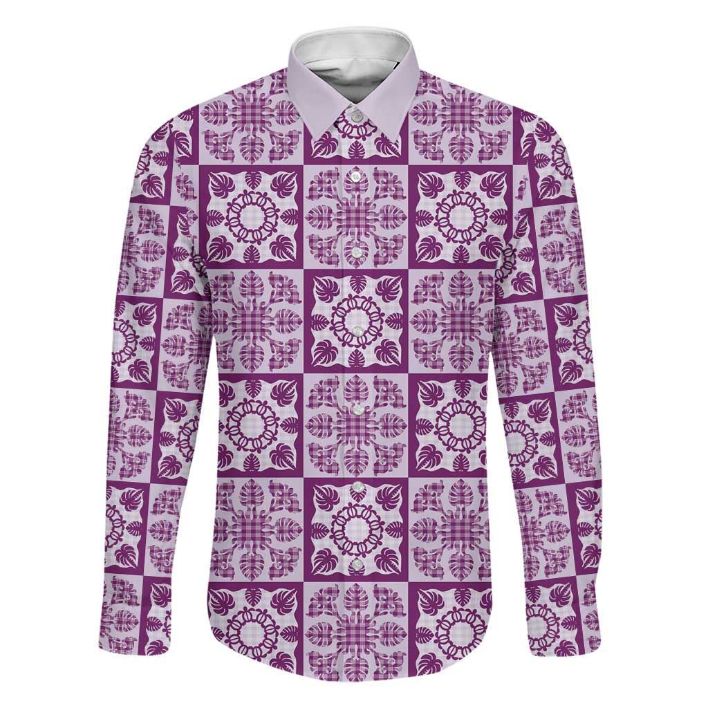 Poni Palaka Quilt Hawaii Family Matching Puletasi and Hawaiian Shirt Hawaiian Tropical Monstera Sea Turtle LT14 Dad's Shirt - Long Sleeve Purple - Polynesian Pride