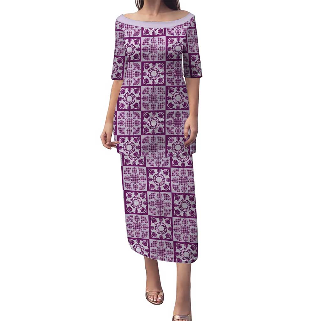 Poni Palaka Quilt Hawaii Family Matching Puletasi and Hawaiian Shirt Hawaiian Tropical Monstera Sea Turtle LT14 Mom's Dress Purple - Polynesian Pride