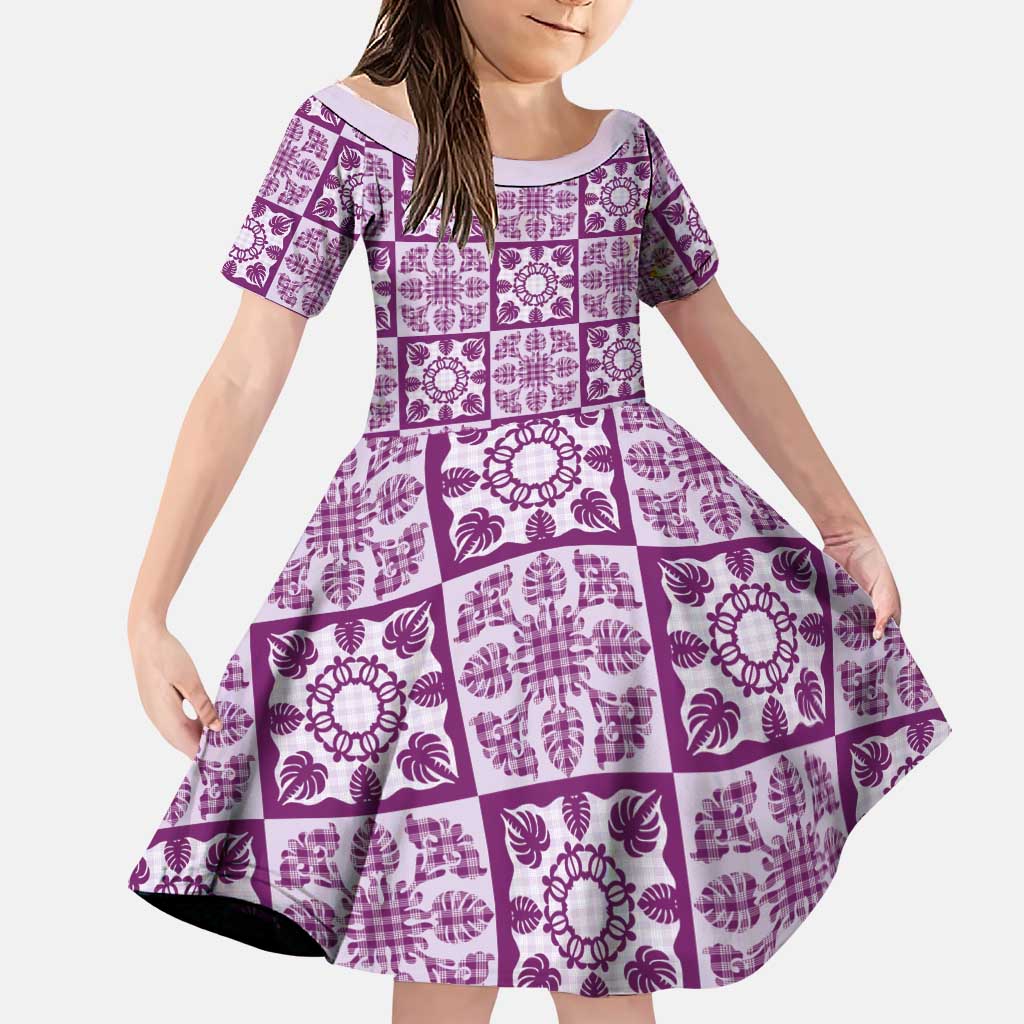 Poni Palaka Quilt Hawaii Family Matching Summer Maxi Dress and Hawaiian Shirt Hawaiian Tropical Monstera Sea Turtle LT14 Daughter's Dress Purple - Polynesian Pride