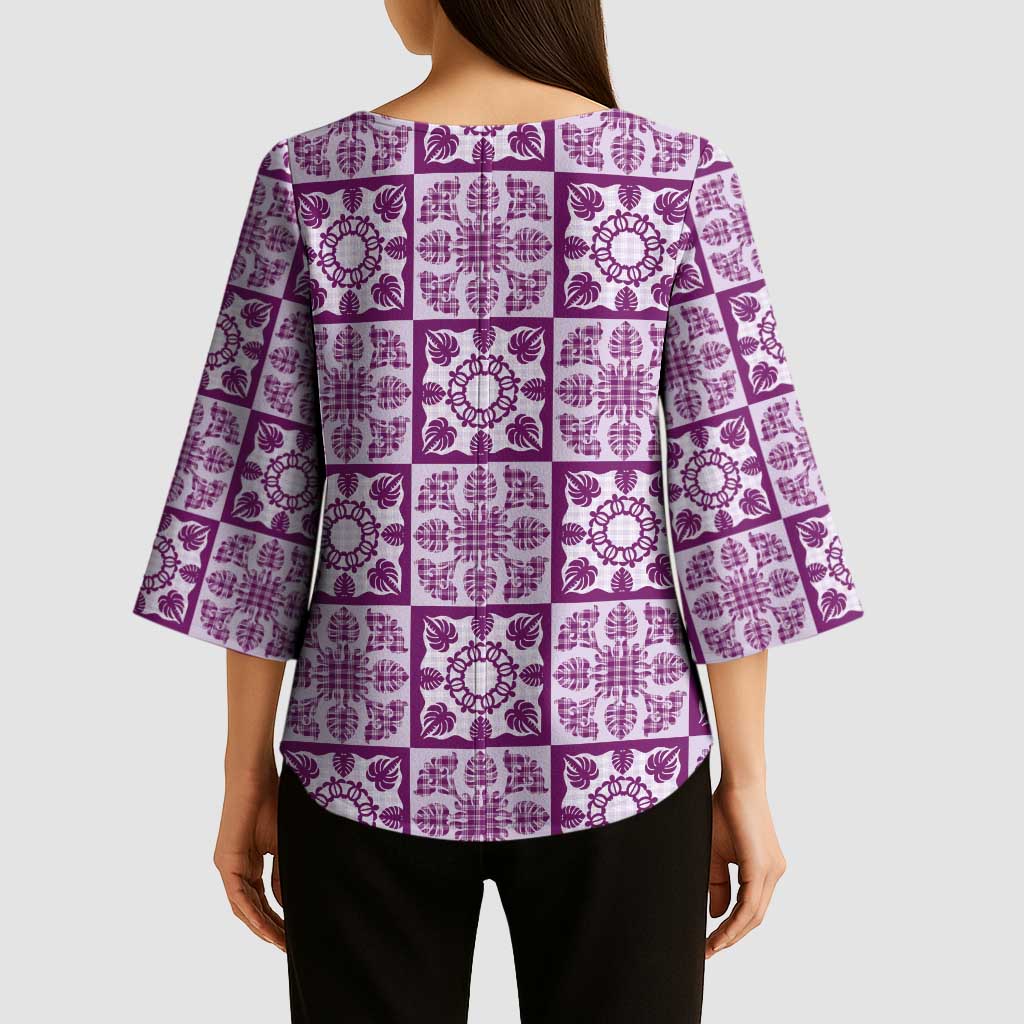 Poni Palaka Quilt Hawaii Kimono Sleeve Blouse Hawaiian Tropical Monstera Sea Turtle