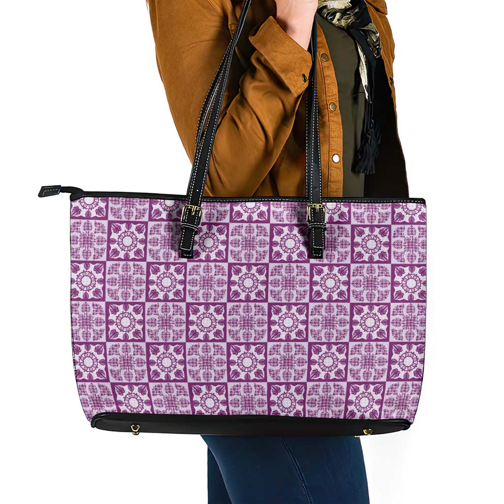 Poni Palaka Quilt Hawaii Leather Tote Bag Hawaiian Tropical Monstera Sea Turtle