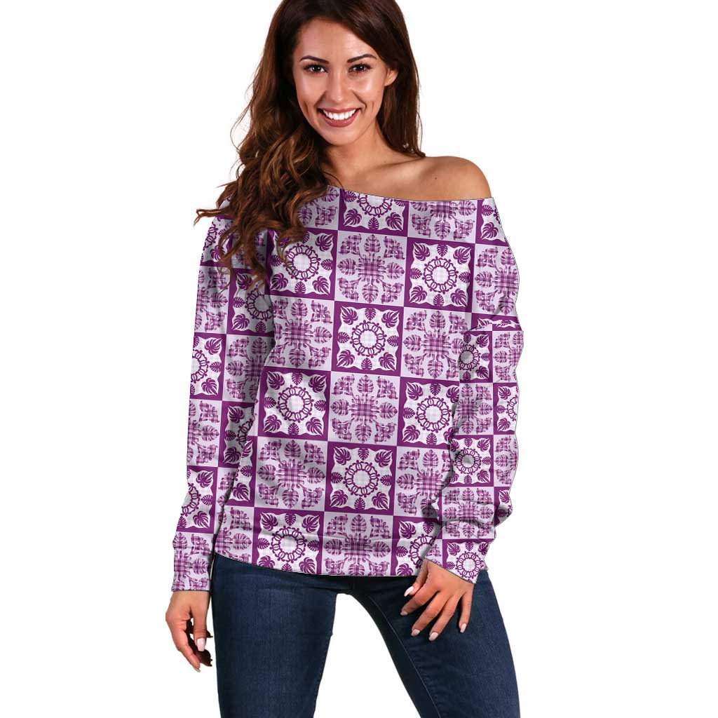 Poni Palaka Quilt Hawaii Off Shoulder Sweater Hawaiian Tropical Monstera Sea Turtle