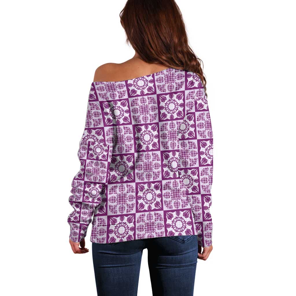Poni Palaka Quilt Hawaii Off Shoulder Sweater Hawaiian Tropical Monstera Sea Turtle