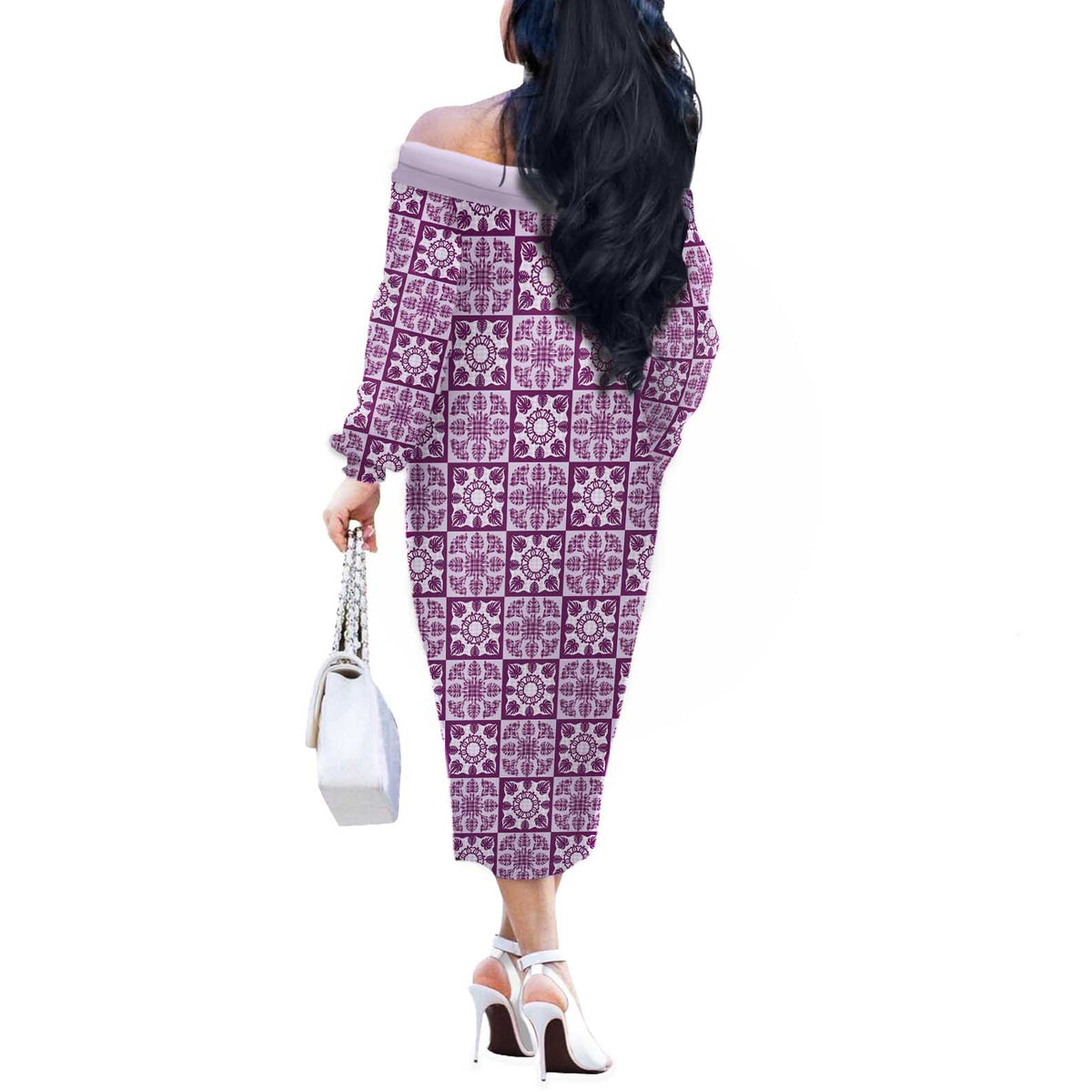 Poni Palaka Quilt Hawaii Off The Shoulder Long Sleeve Dress Hawaiian Tropical Monstera Sea Turtle