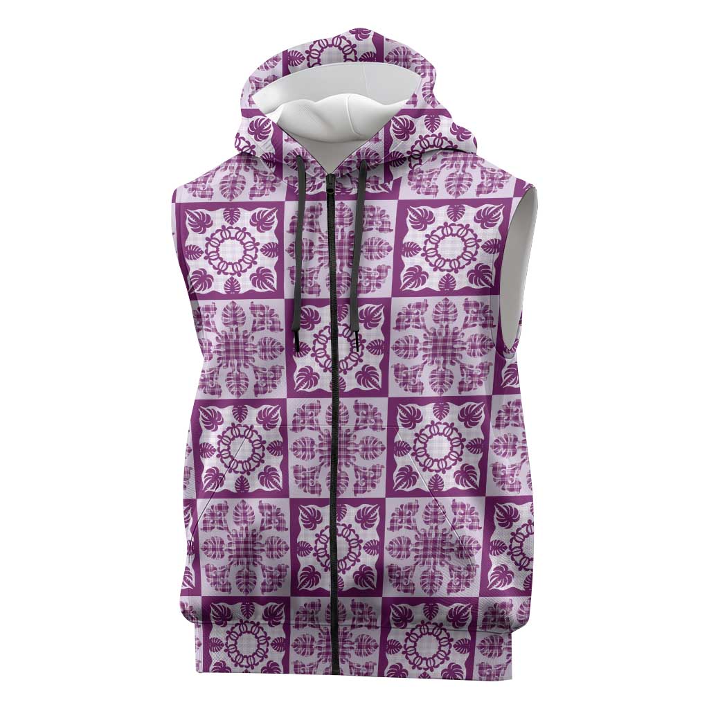 Poni Palaka Quilt Hawaii Sleeveless Zip Hoodie Hawaiian Tropical Monstera Sea Turtle